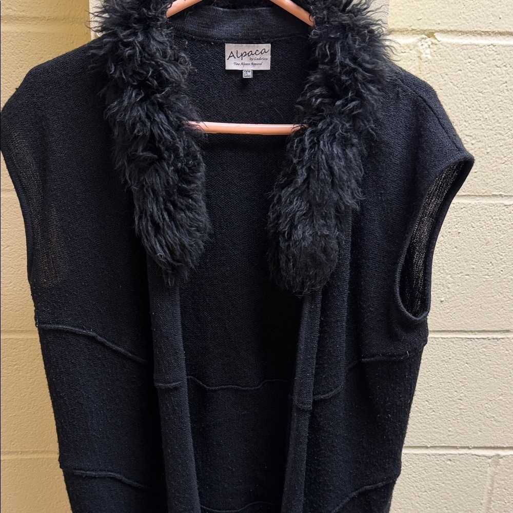 Alpaca Black Cardigan with Faux Fur Trim